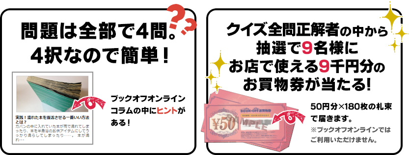問題は全部で4問。4択なので簡単!ブックオフオンラインコラムの中にヒントがある!クイズ正解者の中から抽選で9名様にお店で使える9千円分のお買物券が当たる!50円分×180枚の札束で届きます。