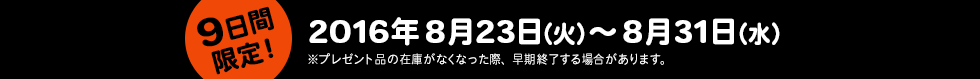 【9日間限定!】2016年8月23日(火)〜8月31日(水)※プレゼント品の在庫がなくなった際、早期終了する場合があります。